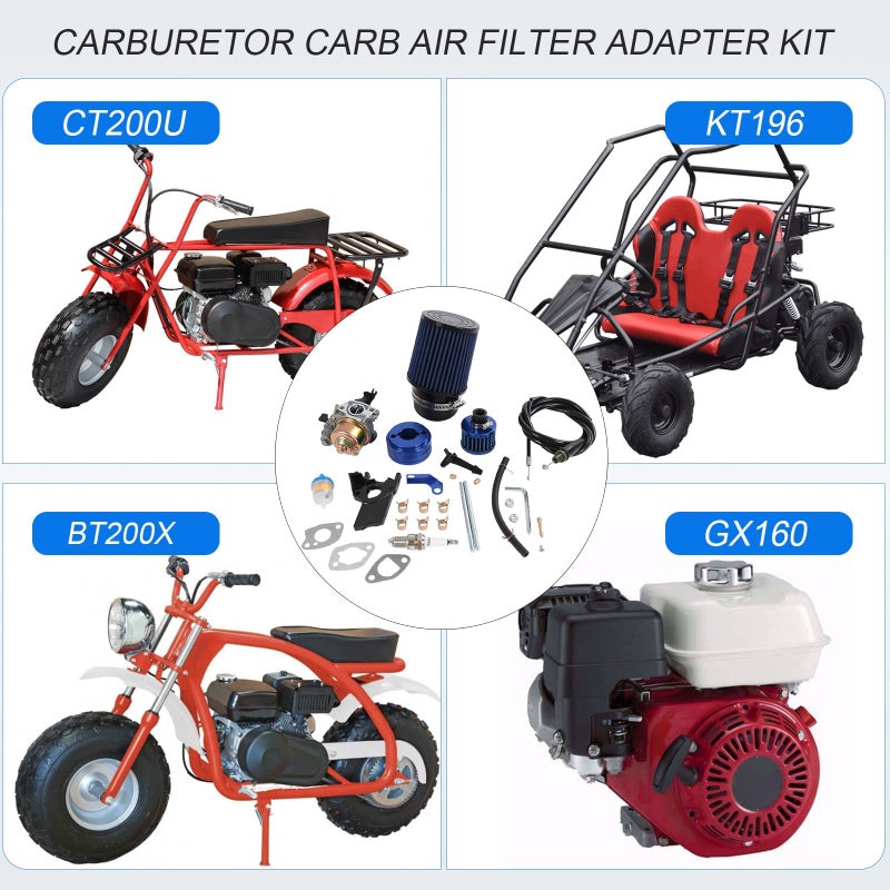 CARMOCAR High Performance Upgraded Carburetor Carb Air Filter Adapter Cable Main Jet Kit replacement for Coleman CT200U CT200U-EX BT200X GX160 Predator 212cc 196cc 6.5hp Engine Mini Bike Go Kart Racing Blue - Image 3